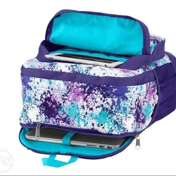 Trans Jansport Laptop Backpack Purple Turquoise Blue White Pink Splatter - Picture 2 of 2